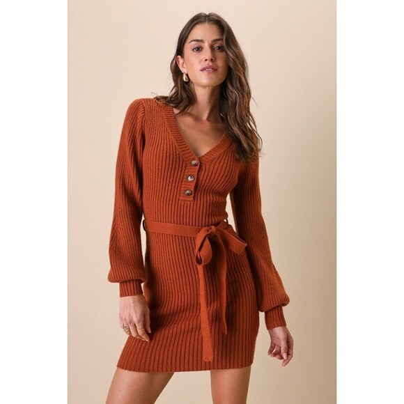 Lulus Dresses & Skirts - Lulus Cozy Charmer Rust Brown Long Sleeve Mini Sweater Dress - Size M